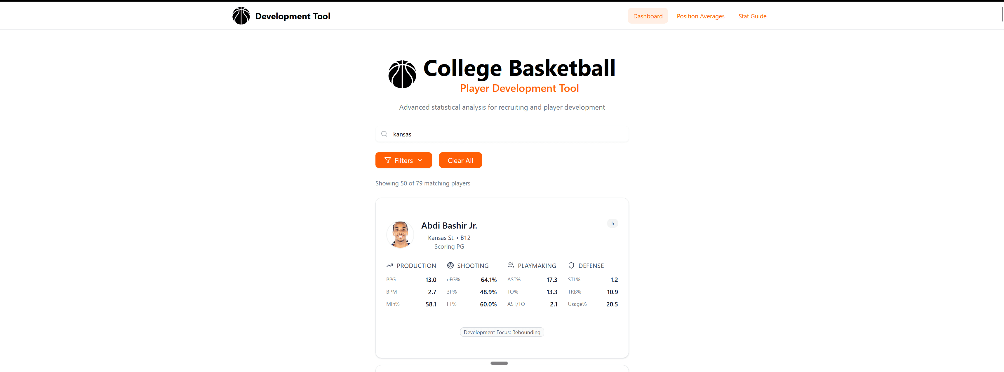 College Basketball Player Development Dashboard